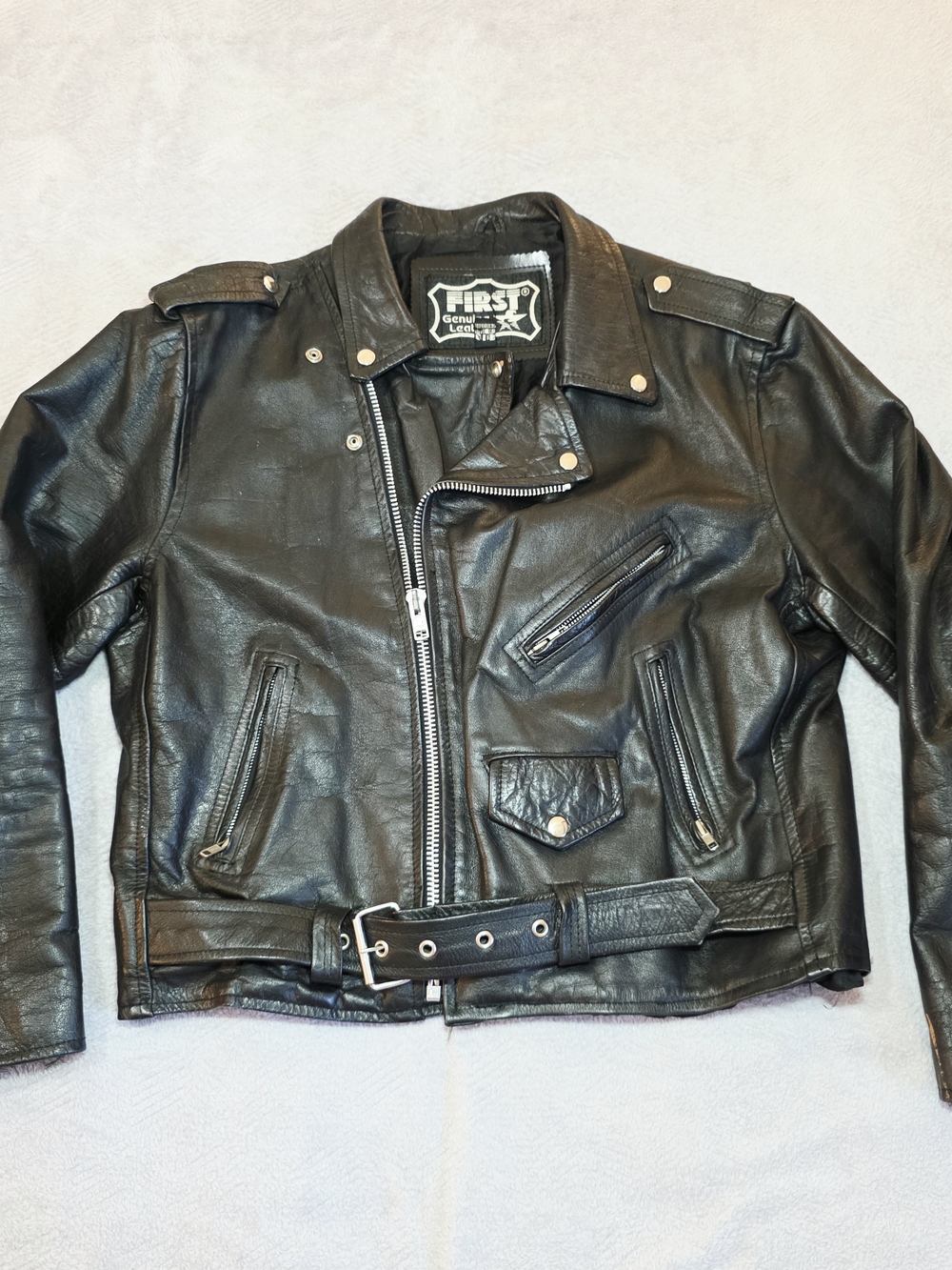First Genuine Leather Biker Jacket Mens Sz 46 Belted Moto Punk Rocker